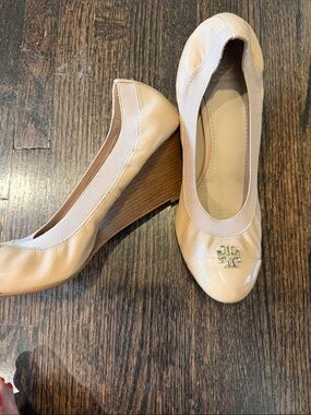 Tory Burch Nude Patent Leather Wedge Pumps
